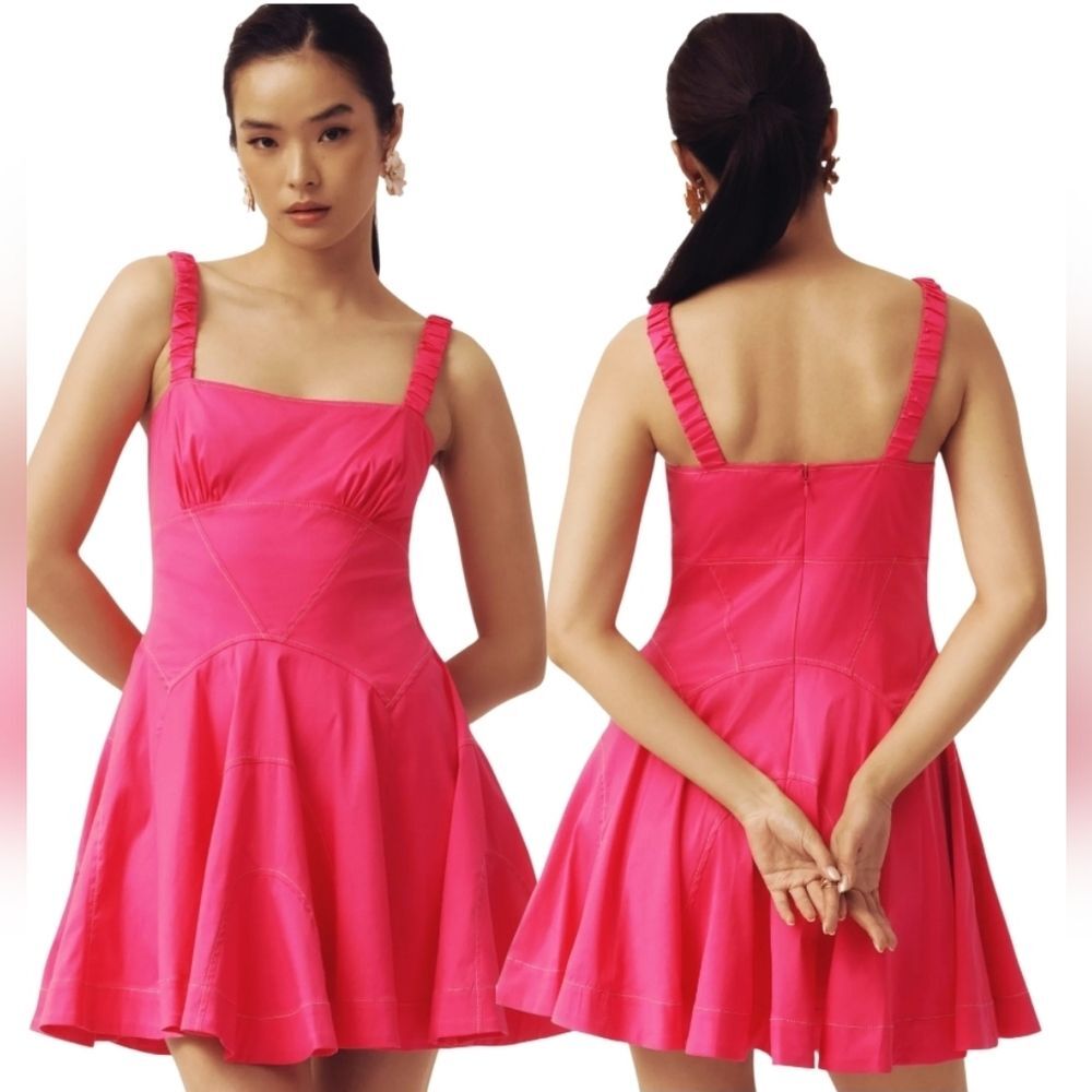 Anthropologie Pink Plunge Drop Waist A-Line Mini Dress Flare Cotton Poplin M